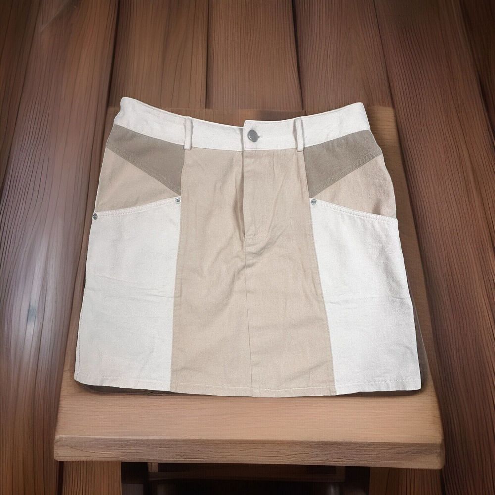 Very J Pocket Mini‎ Skirt Womens Size L Colorblock Tan Y2K Boho Front Zip NWT